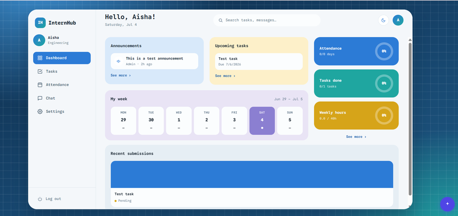 InternHub intern dashboard